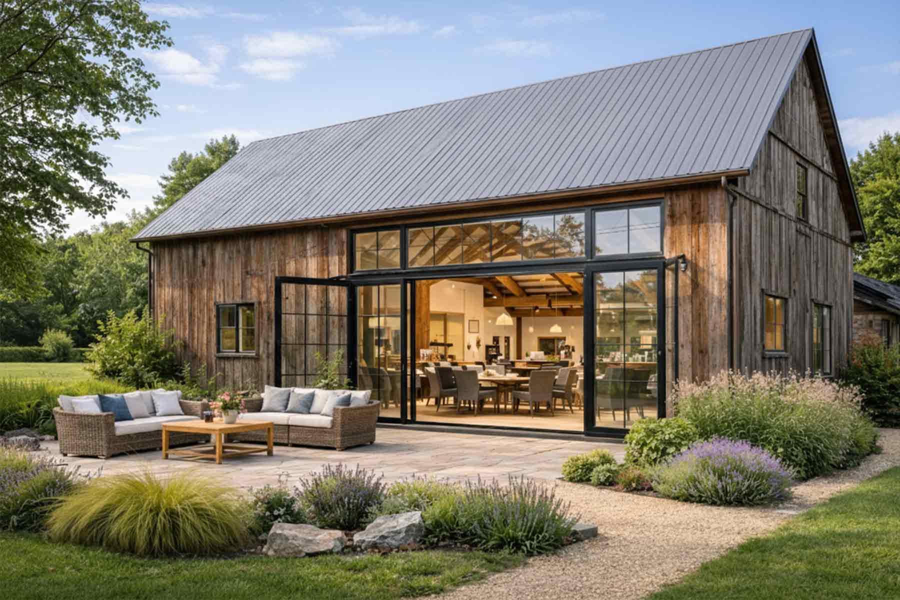 A newly renovated barn transformed into a modern restaurant