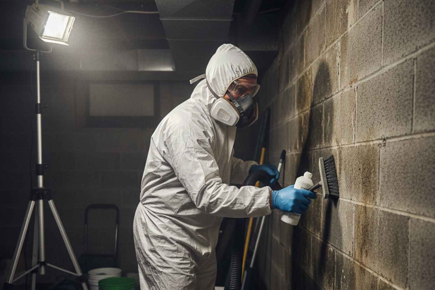 A professional mold remediation technician in protective gear manually removing mold in a basement
