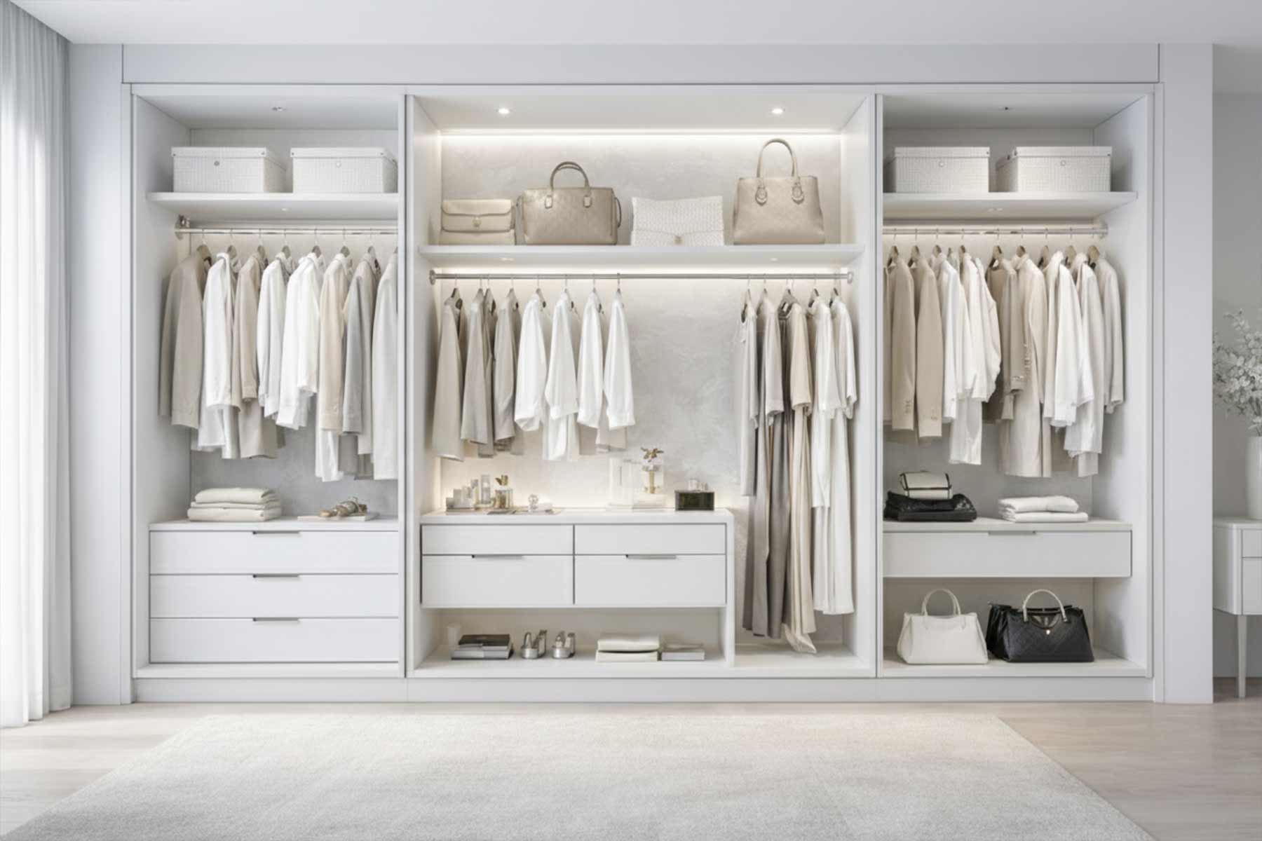 A modern built-in wardrobe in a bright and minimalist house interior