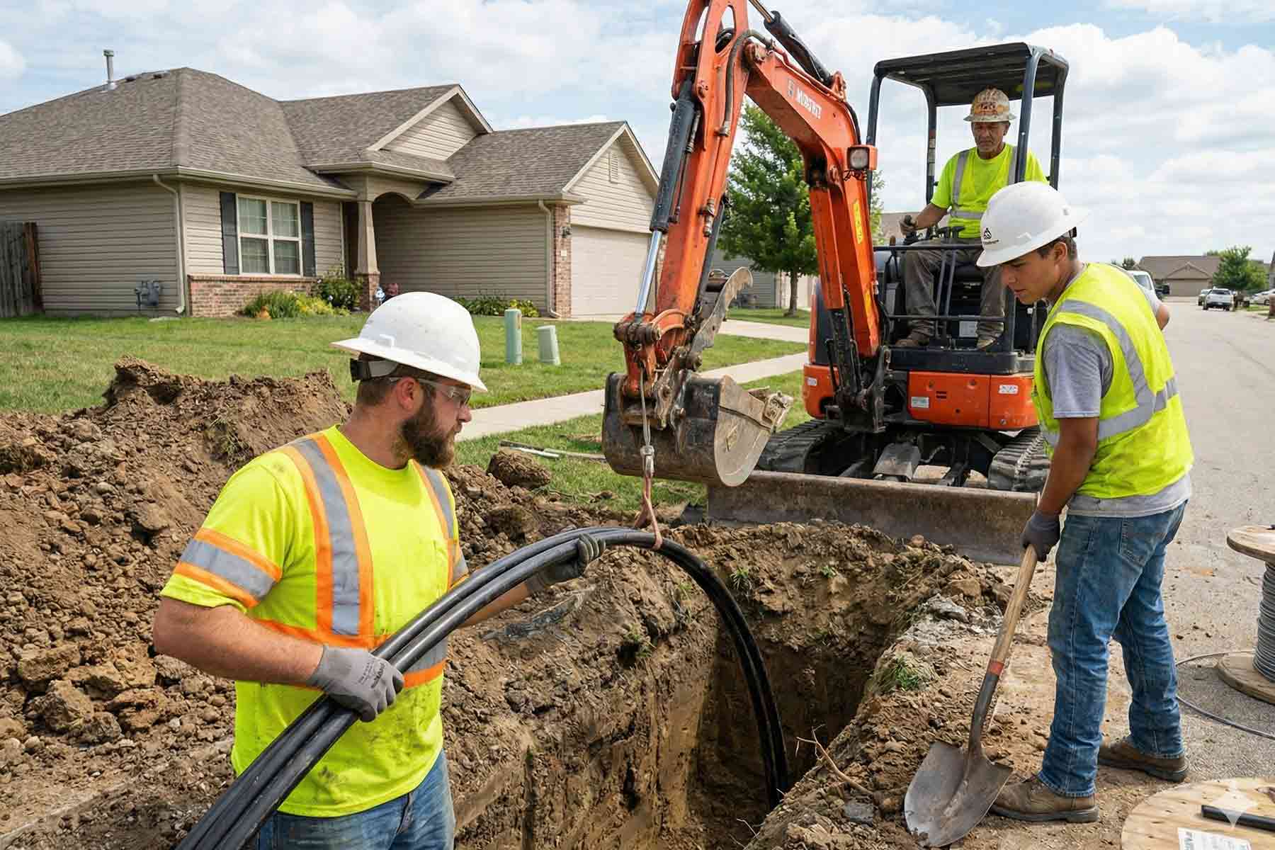 Utility contractors installing underground power lines in residential neighborhood trench
