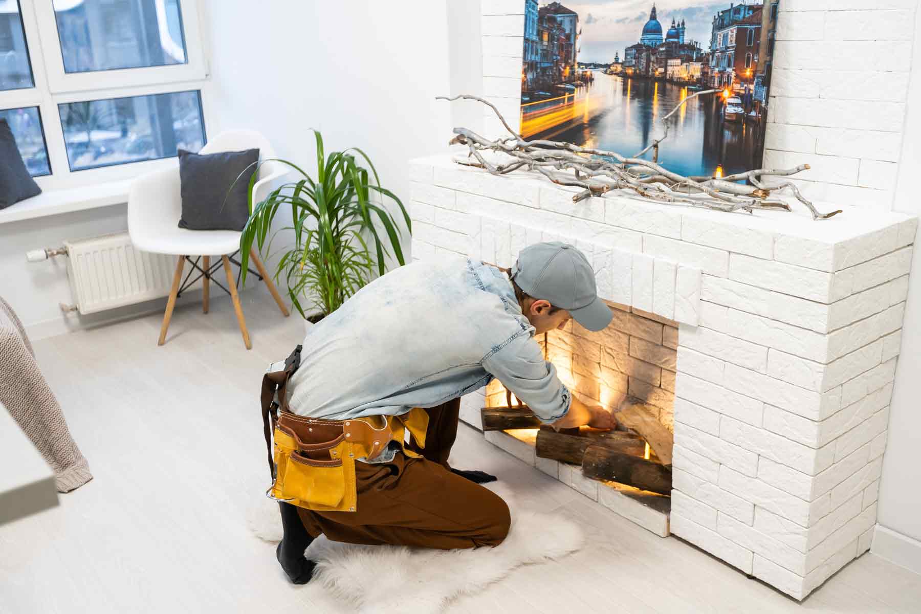 A fireplace installer working on converting an existing fireplace