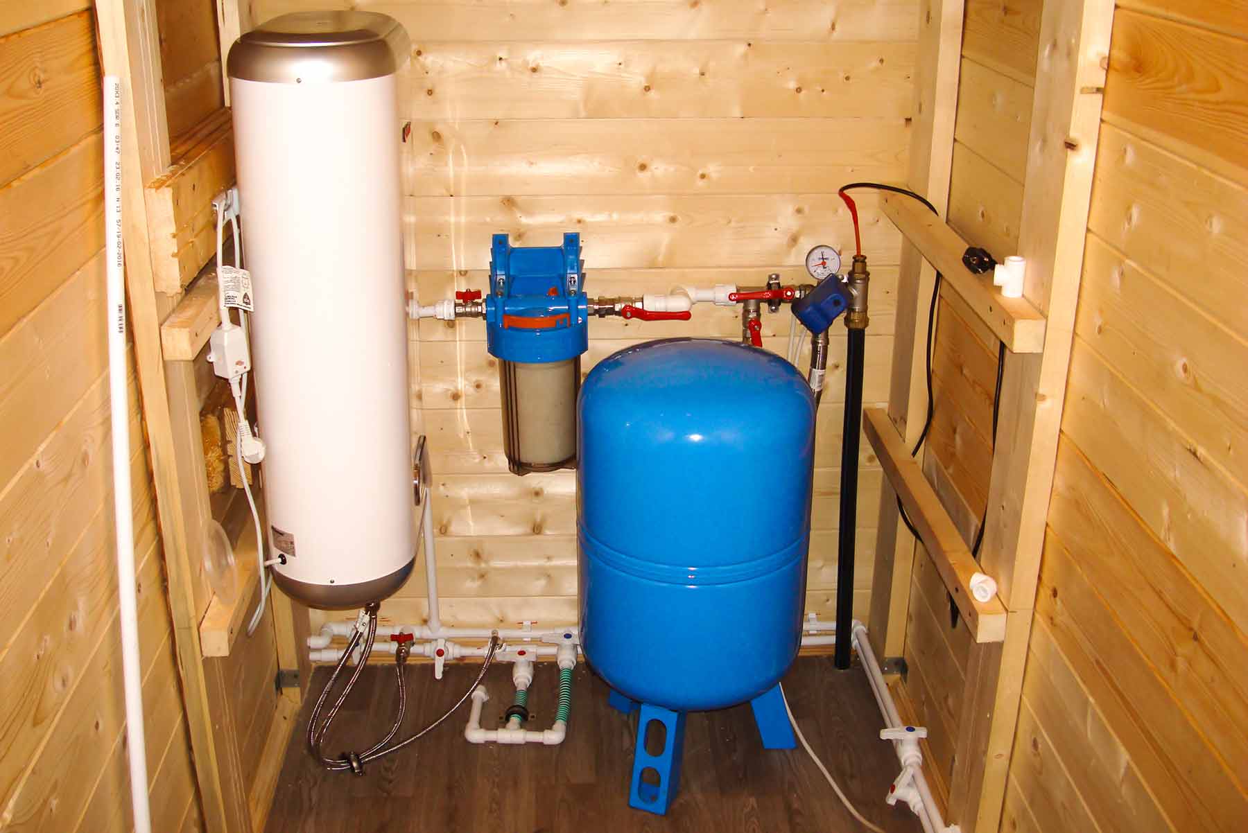 A well pressure tank set up in a basement