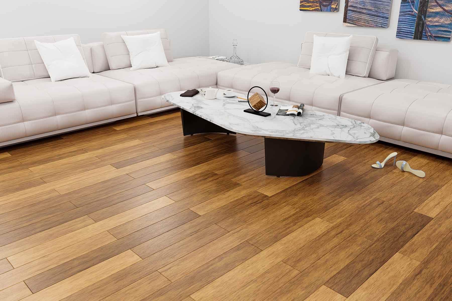 Engineered hardwood flooring installed in a furnished living space