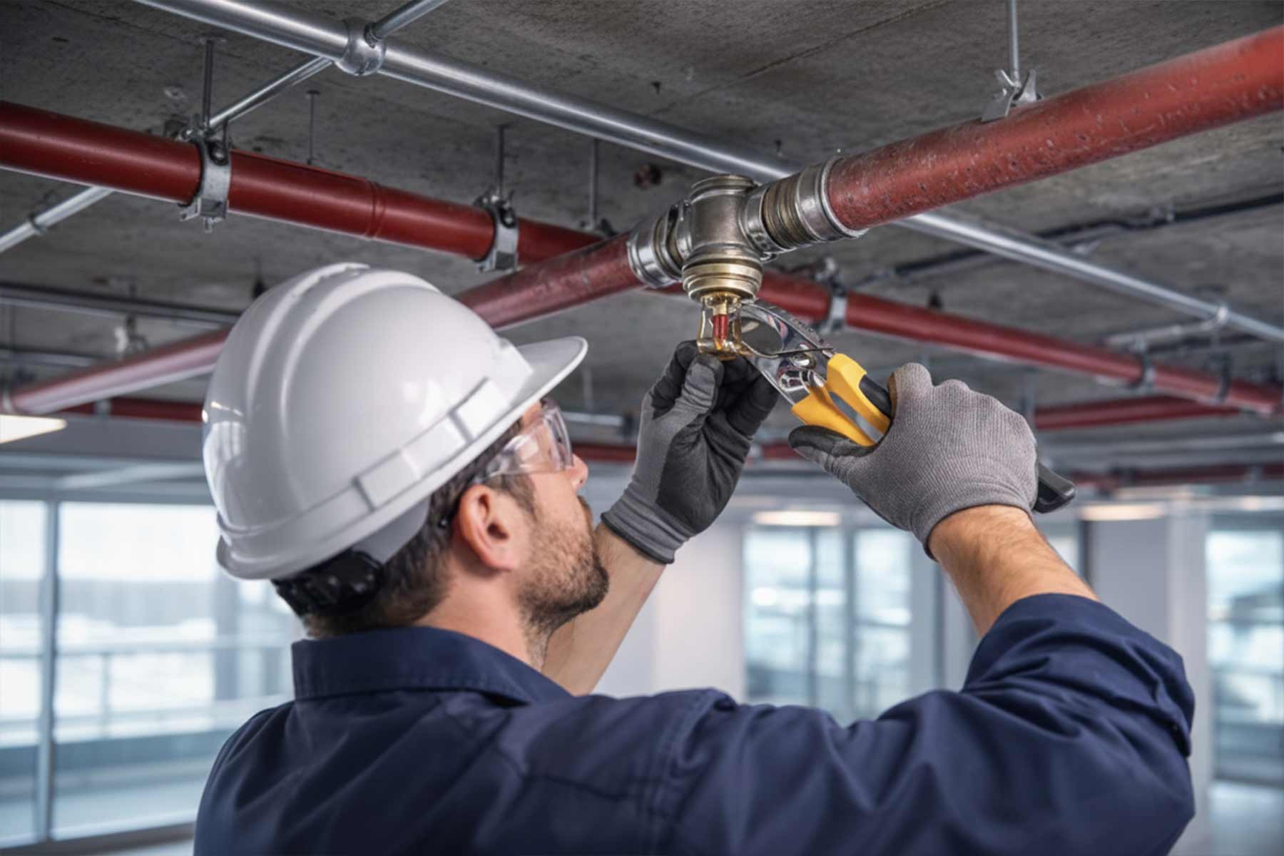 A contractor replacing a fire sprinkler head inside a large building