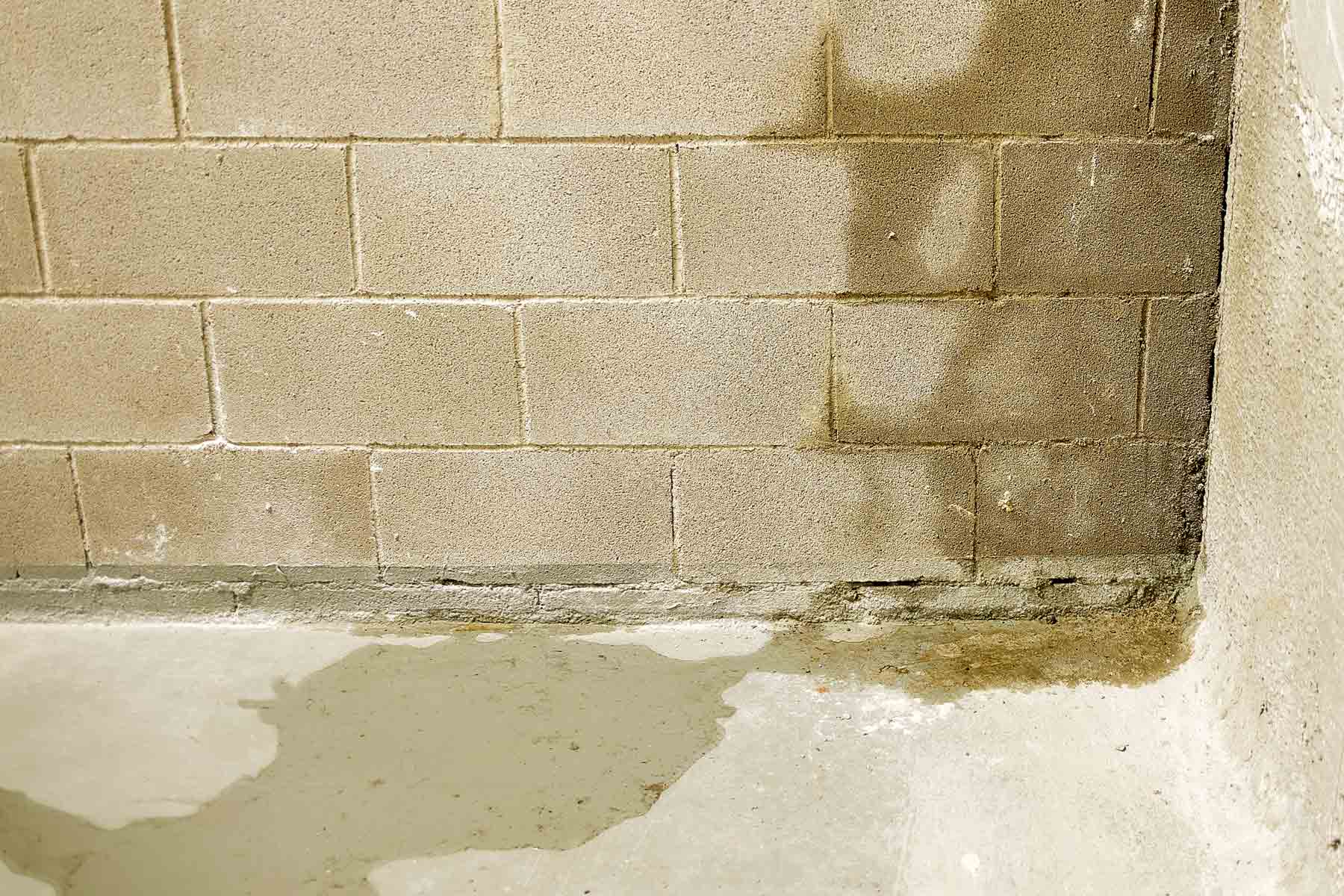A home with a poured concrete and concrete block foundation leak