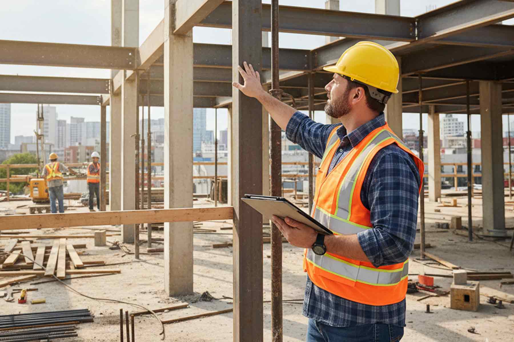 A building inspector checking structural framework at a construction site