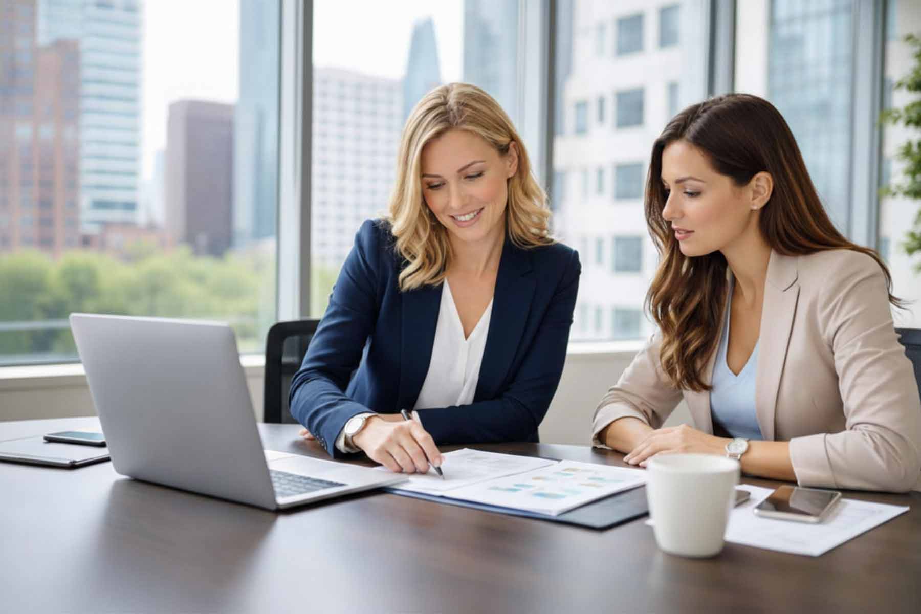 A commercial real estate agent presenting a contract during a consultation with a client