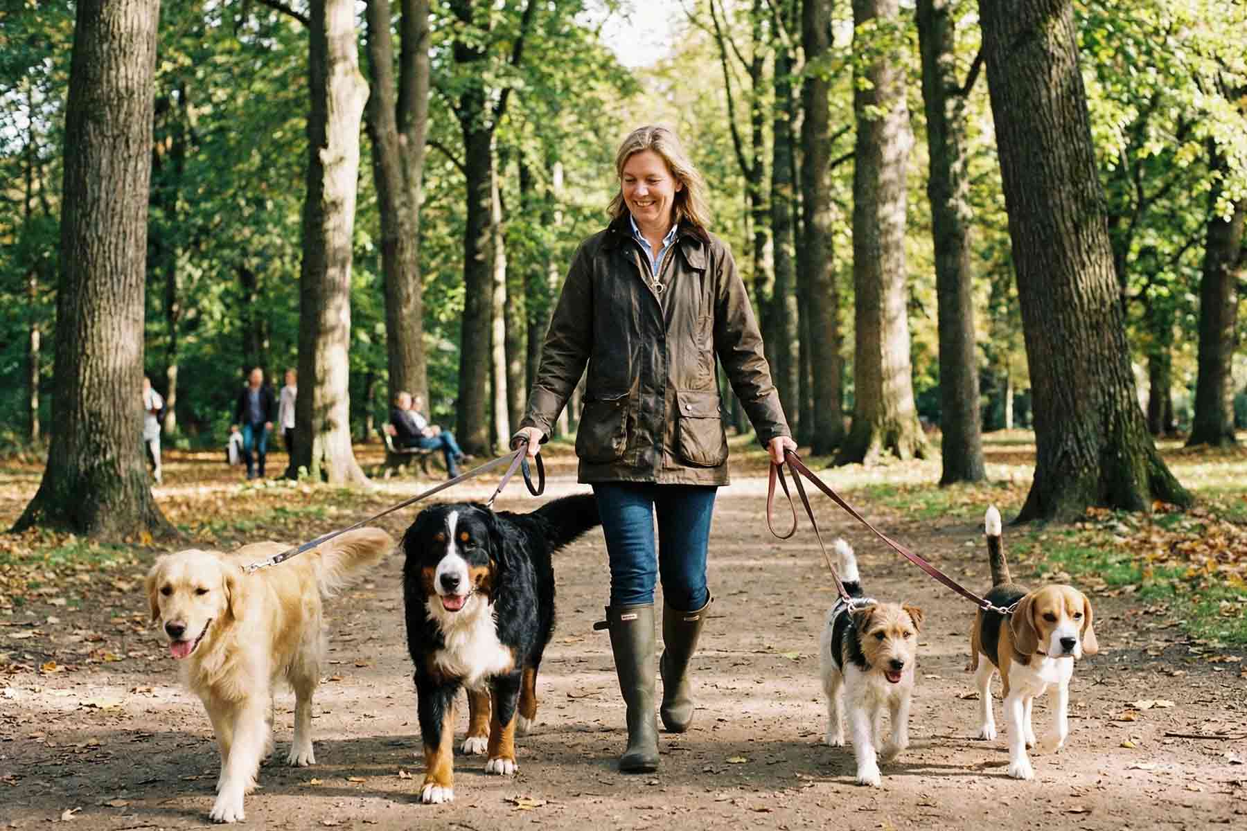 A professional dog walker enjoying a stroll with four dogs in a forested park