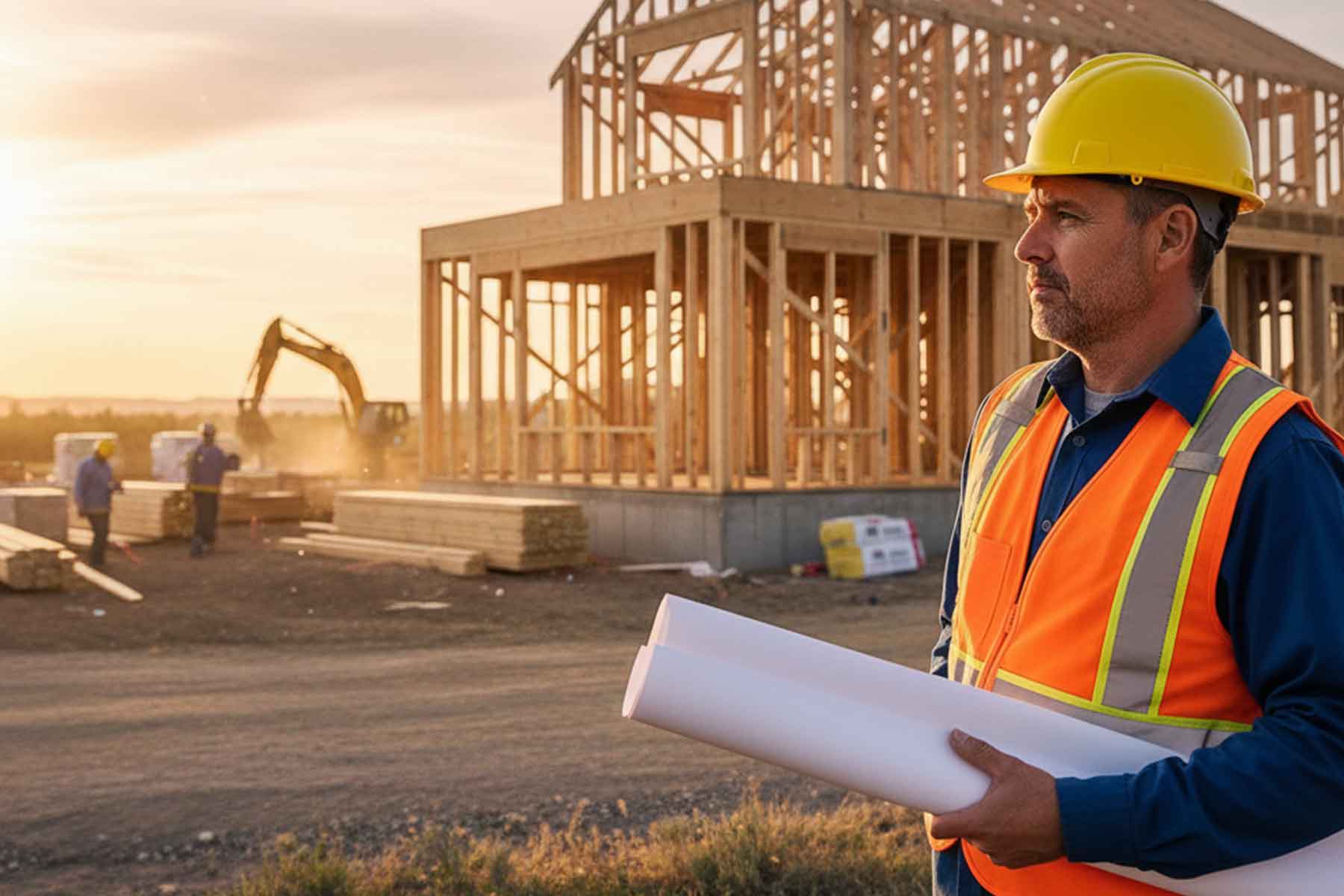 A professional house builder overseeing construction at a residential building site