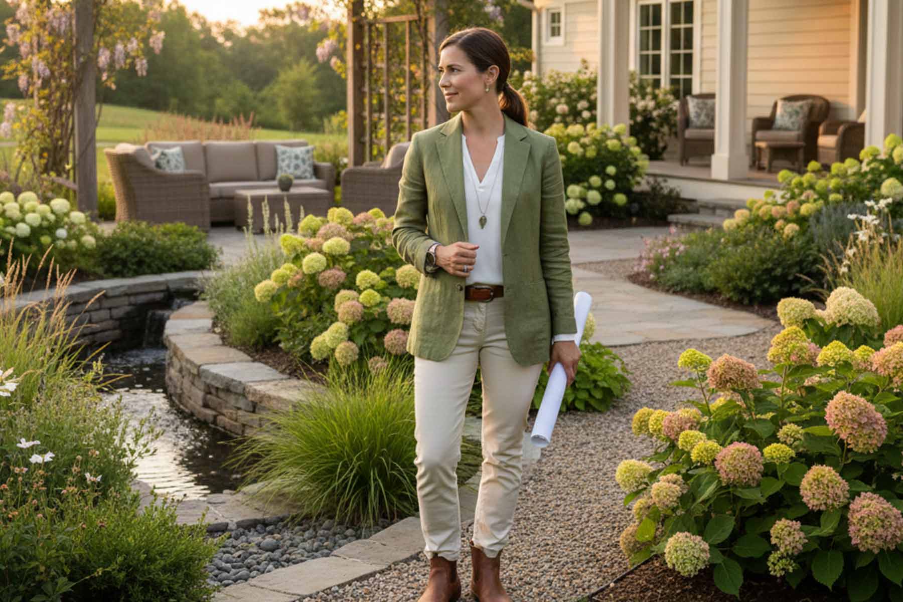A landscape architect assessing a completed residential garden project