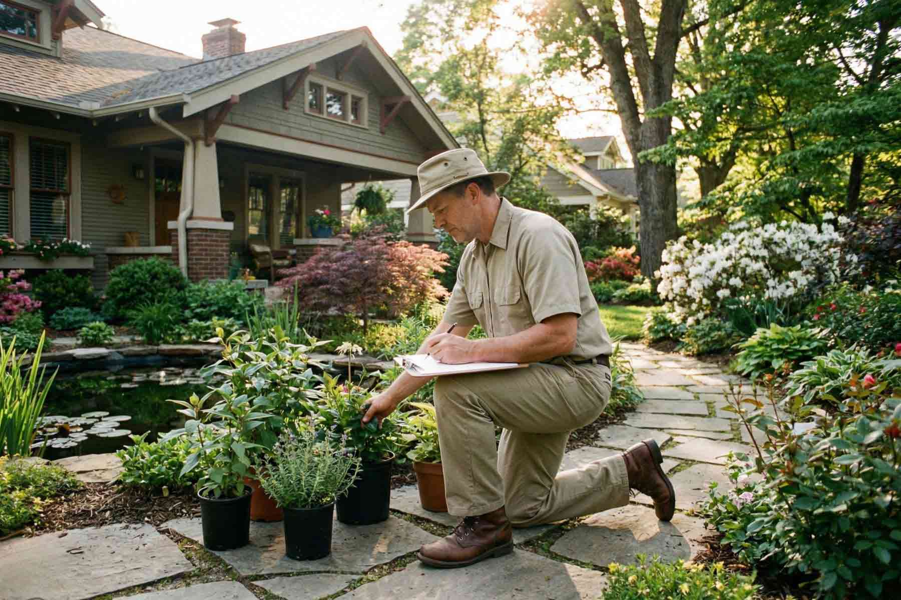 A professional landscape designer choosing plants for a residential landscape project