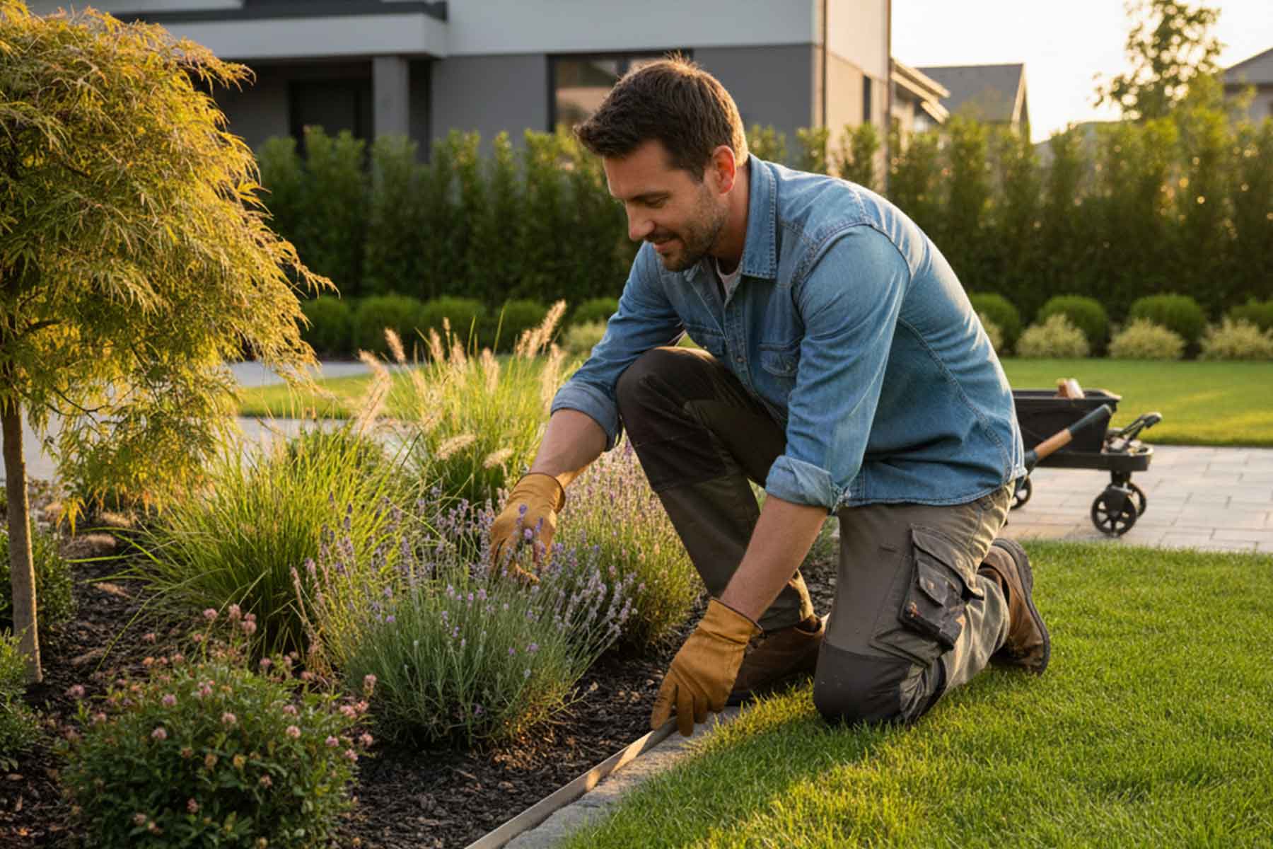 A professional landscaper working on a residential garden landscape project