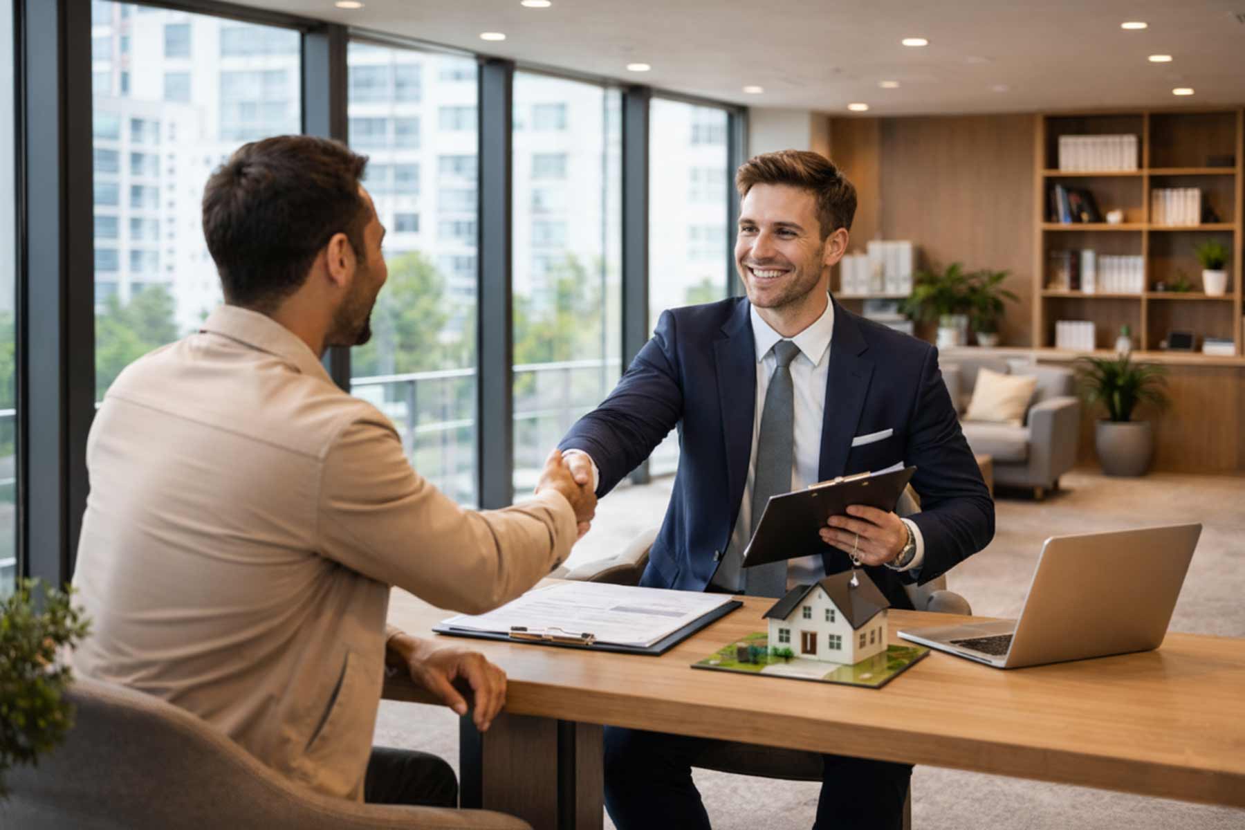 A real estate agent closing a deal with a client in an office
