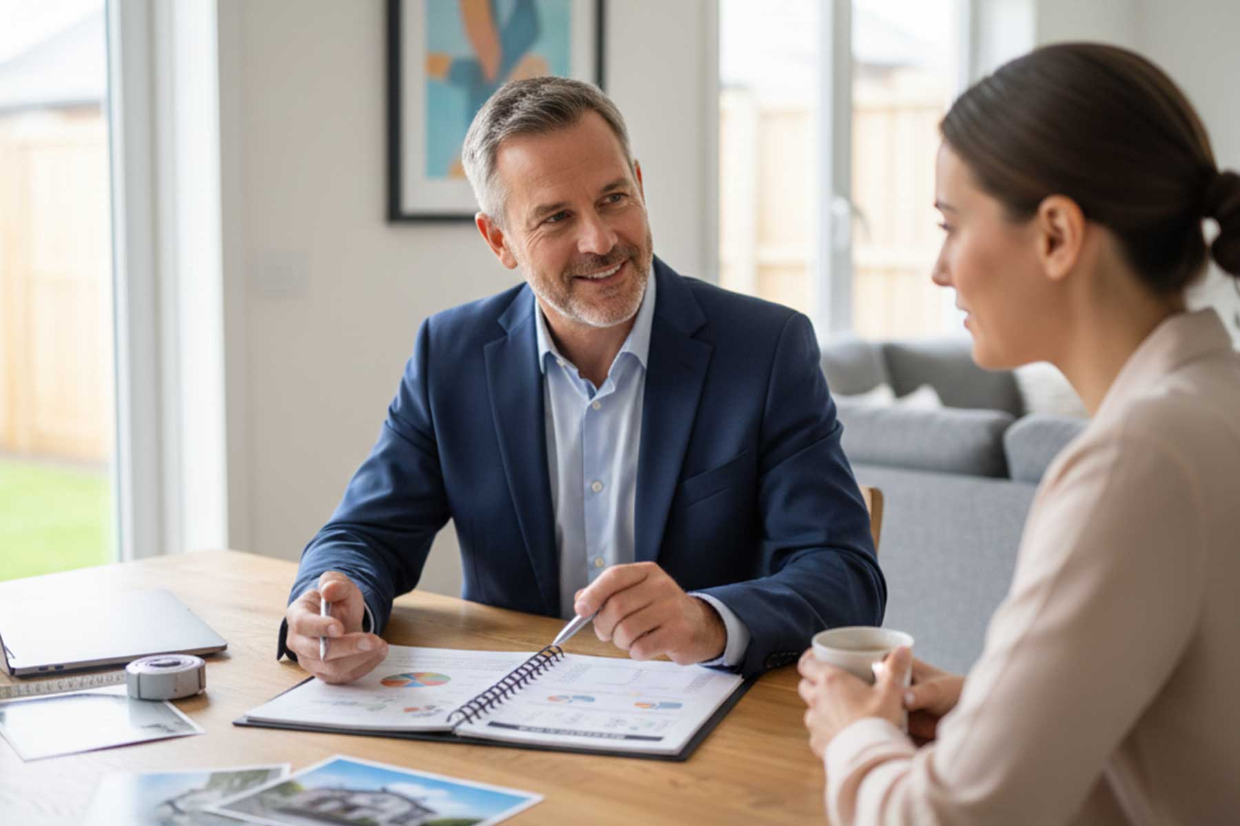 A real estate appraiser discussing a home appraisal with a client