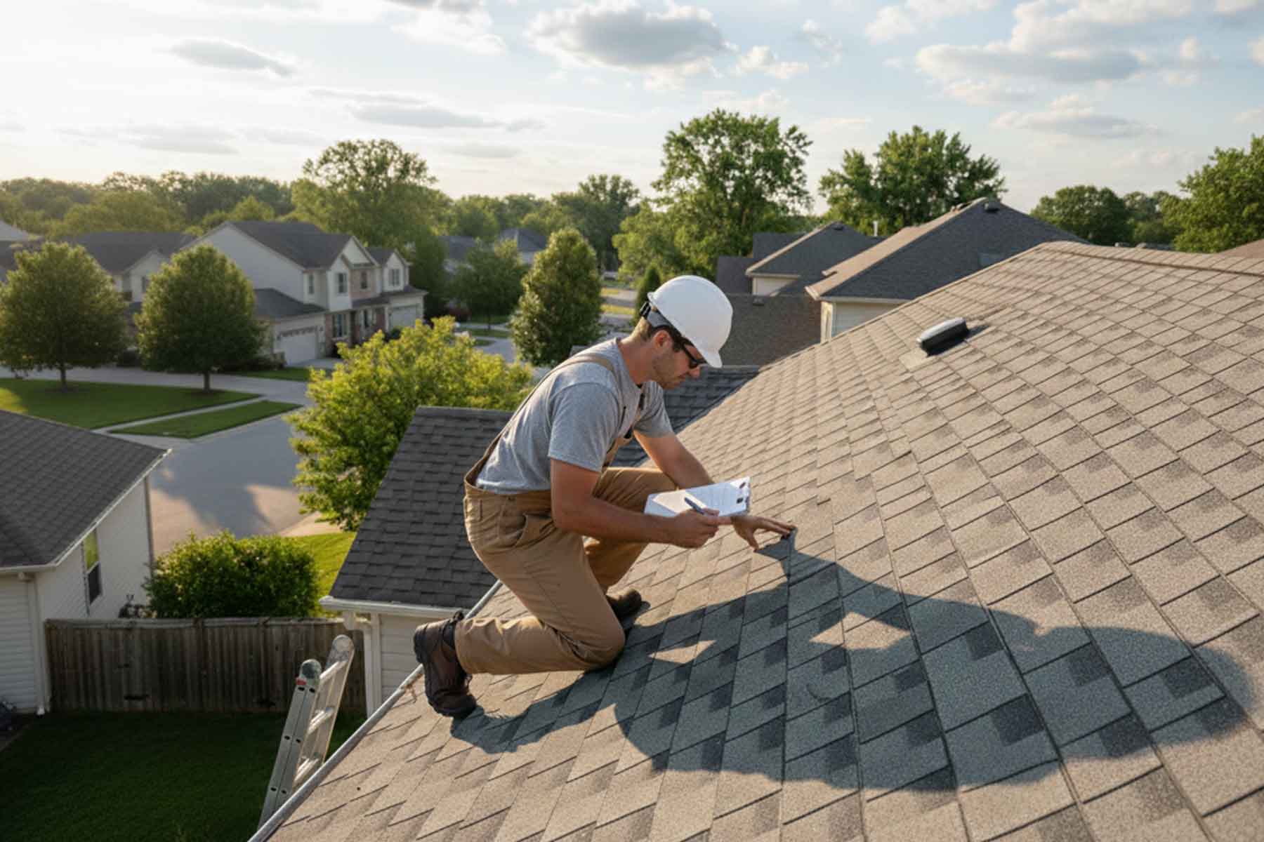 A professional roof inspector checking a new residential house roofing