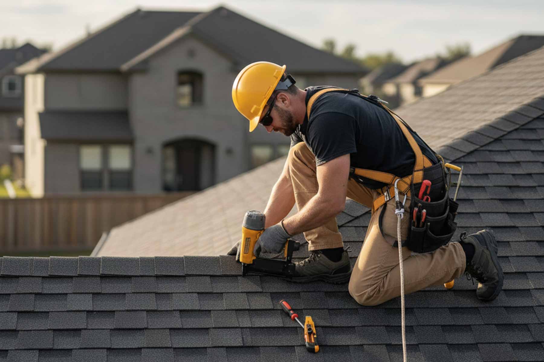 Professional roofer installing shingles on a residential roof