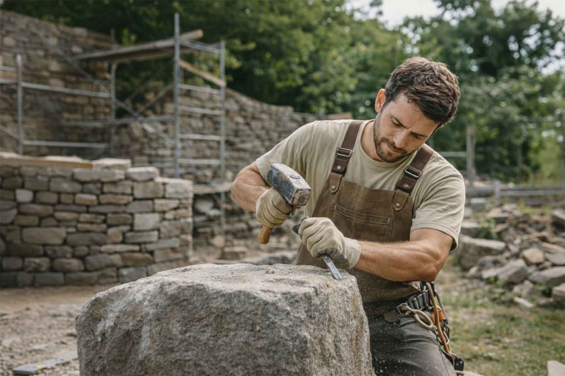 A stone mason carving stone with hammer and chisel