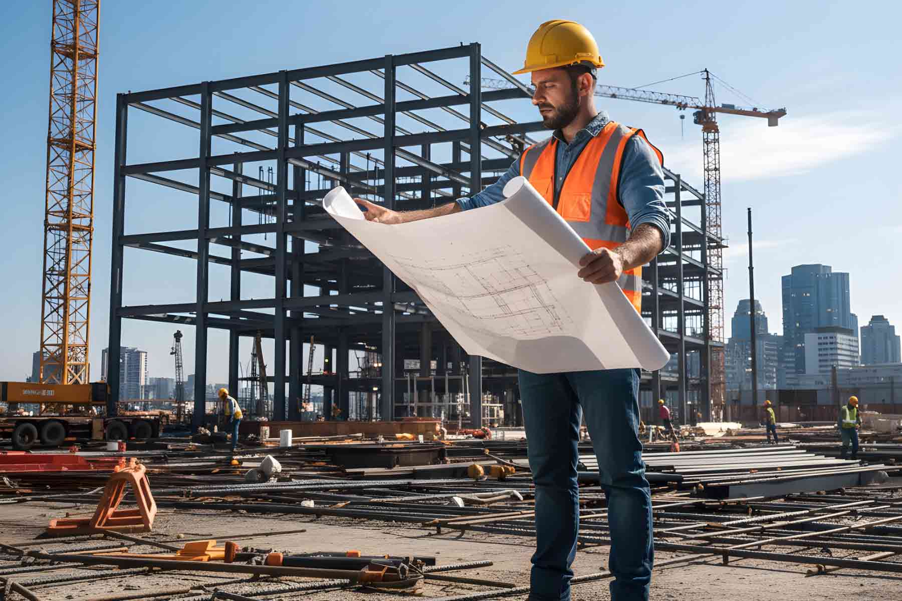 An engineer reviewing a structural plan at a construction site