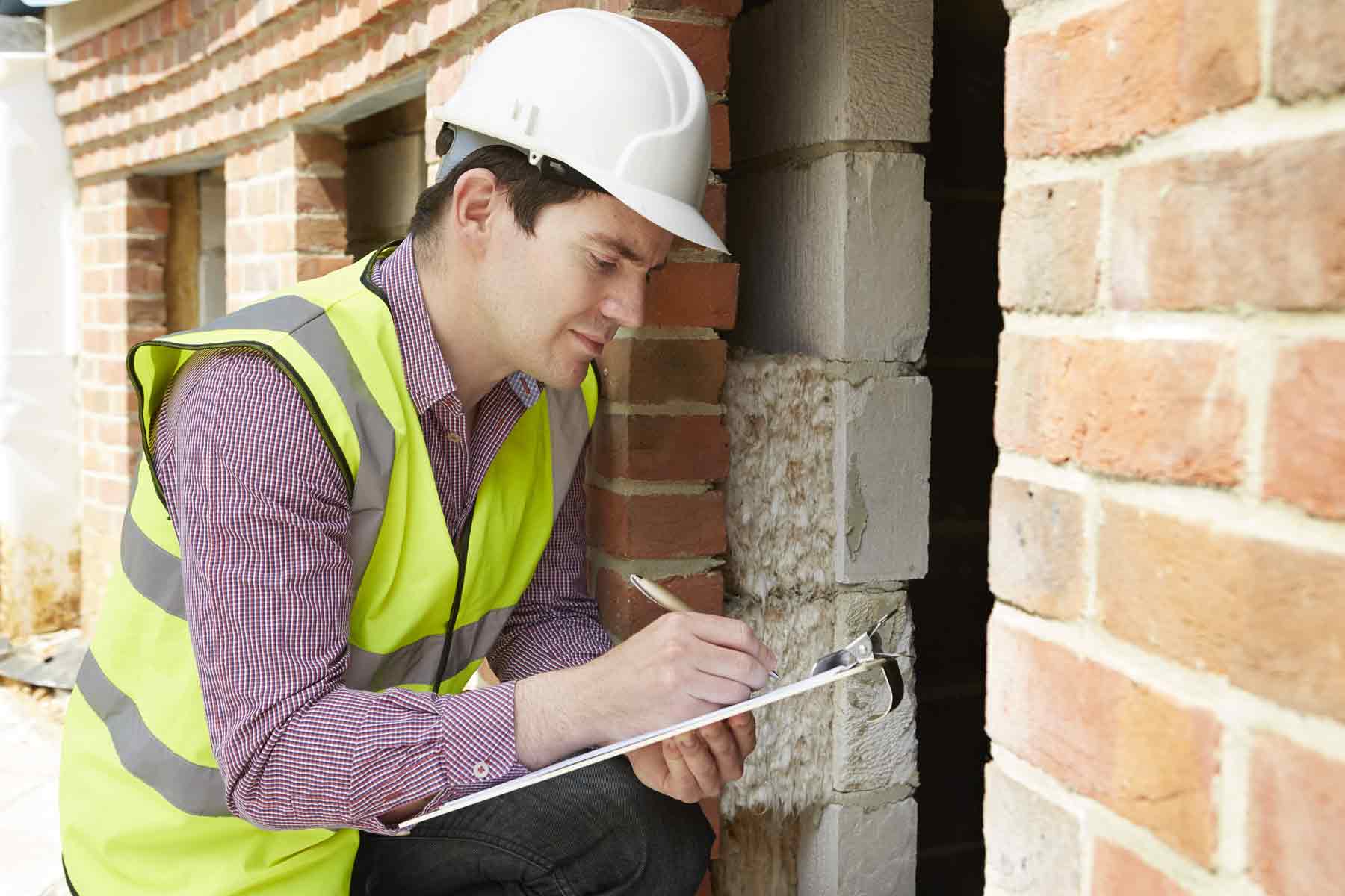 A home inspector examining a home's foundation and making notes on a clipboard