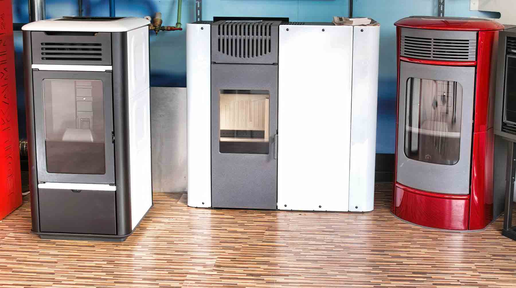 Pellet stoves in various colors, sizes, and styles