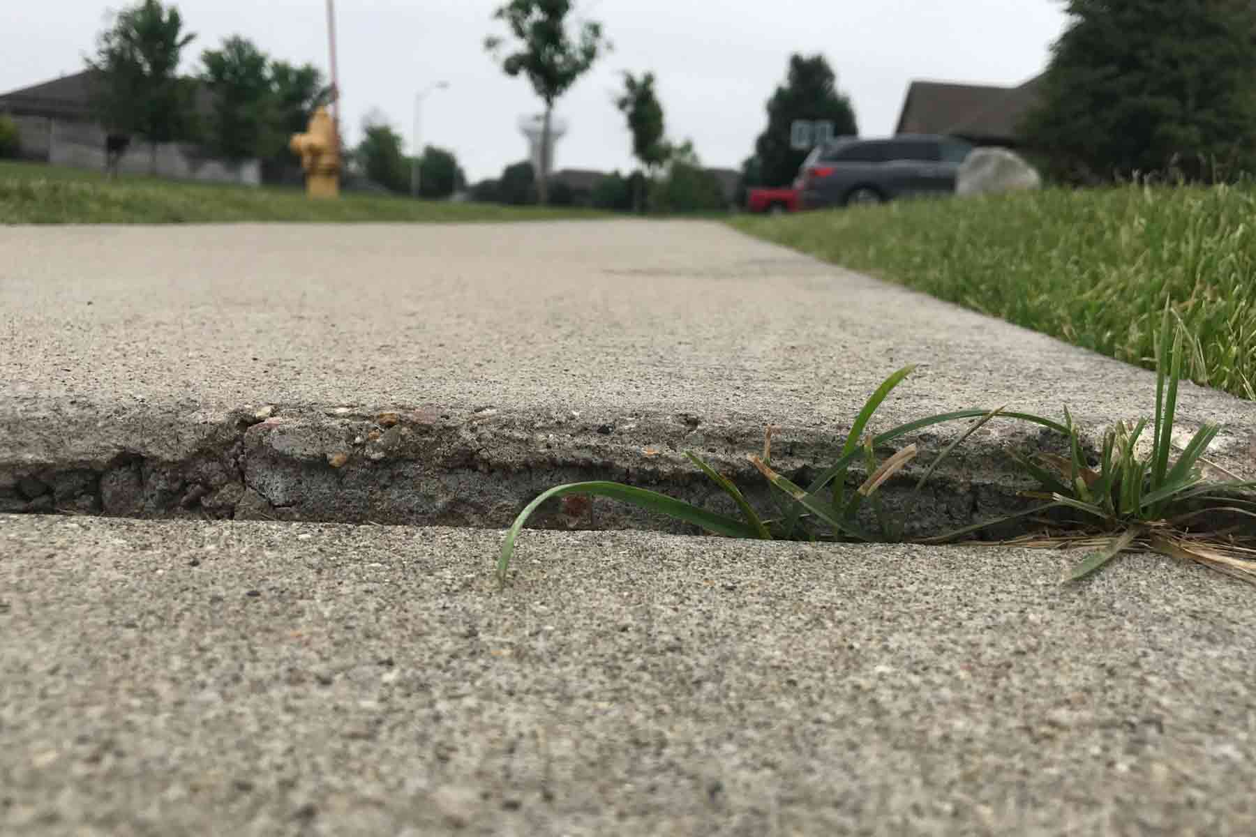 Uneven concrete sidewalk slab lifted by soil movement and frost heave