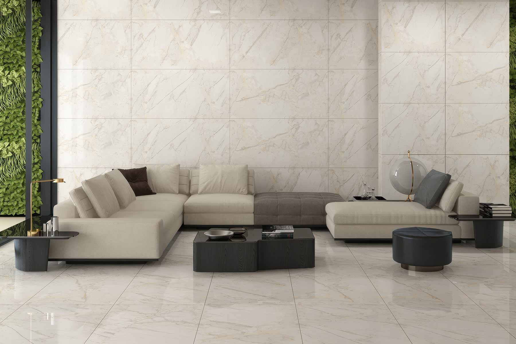 Stylish living room with neutral tones, porcelain tile flooring, and contemporary furniture