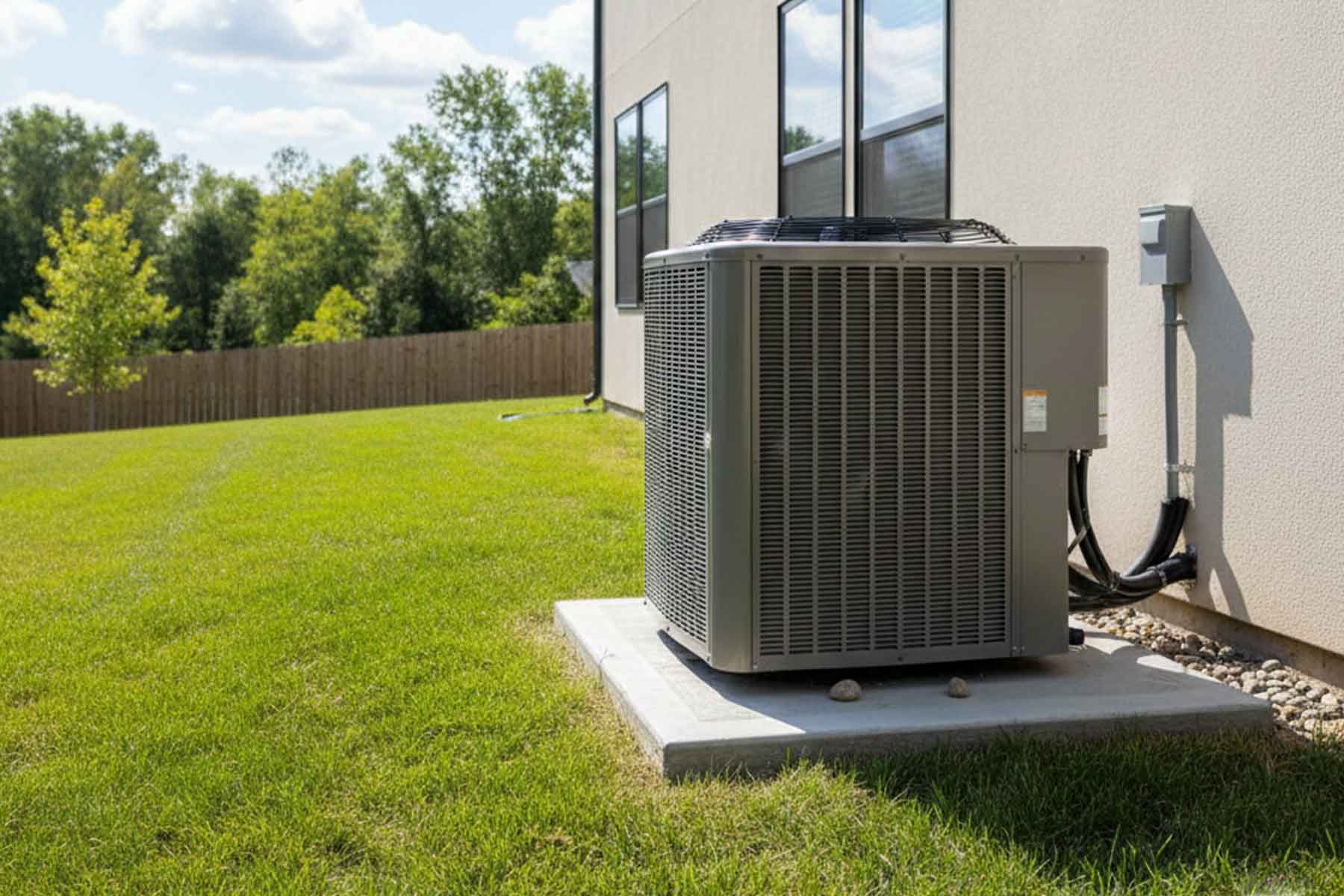 An HVAC air conditioning unit installed on a concrete pad outside a residential home